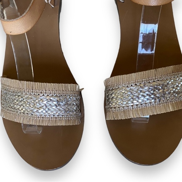 J Crew Factory Raffia Silver and Tan Woven Straw Fringe Sandals | Size 9 - Picture 4 of 13